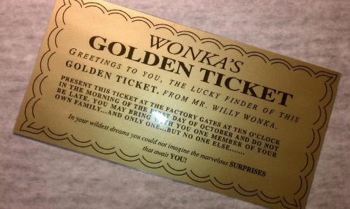 Laminated Willy Wonka Golden Ticket Replica Prop - 6 1/4" X 3 1/4"