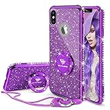 iPhone X Case, iPhone 10 Case, Glitter Cute Phone Case Girls with Kickstand, Bling Diamond Rhinestone Bumper Ring Stand Thin Soft Protective Sparkly Apple iPhone X Case for Girl Women - Violet Purple