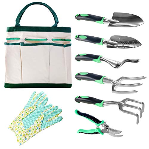 BUTTERFLY LOVE 8 Piece Garden Tools Set - Gardening Tools with Garden Gloves and Garden Tote - Vegetable Gardening Accessories Kit - Planting Hand Tool - Gardening Gifts for Men and Women/Men