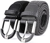 Marino Braided Stretch Belt - Fabric Woven Belt - Casual Weave Elastic Belt for Men and Women - PU Leather Loop and End Tip - Black / Gray - S