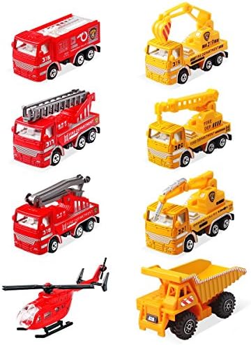 8Pack alloy engineering car plus fire truck kit, metal die-cast inertia car, including 4pcs engineering vehicles and 4pcs fire engines (8PCS)