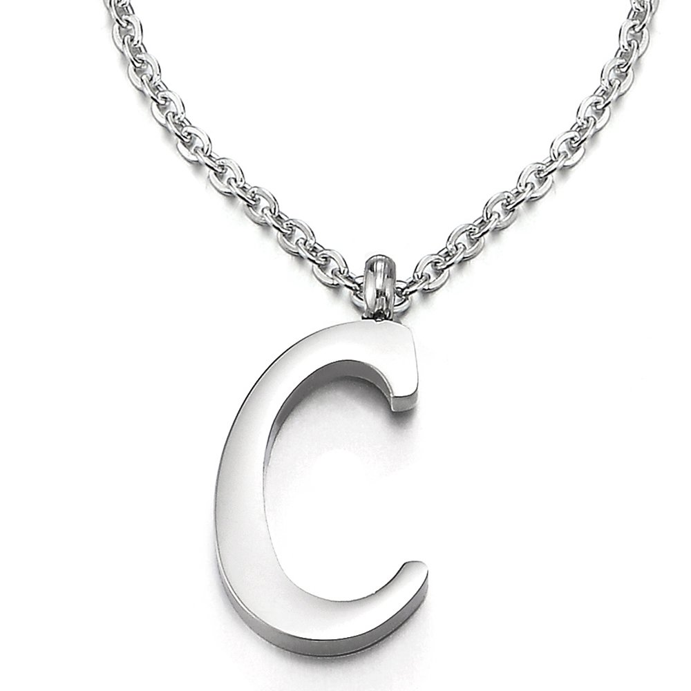 COOLSTEELANDBEYOND Womens Mens Steel Name Initial Alphabet Letter C Pendant Necklace with 20 inches Chain