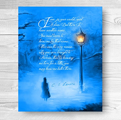 Narnia Art Print with Lampost in Blue Quotation Winter