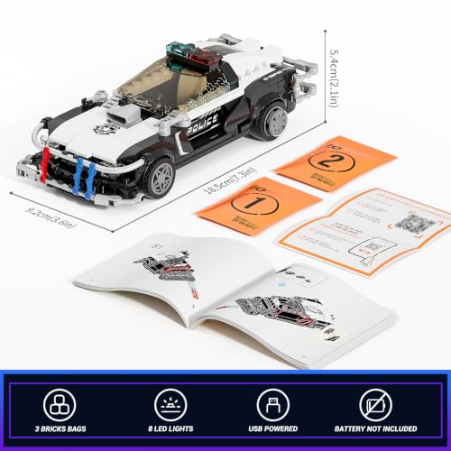FUNWHOLE Police Patrol Car Illuminated Building Block Set - Cyberpunk City Car Hunting Playset with Police Officer, 372 Pieces, STEM Toy for Adults and Teenagers