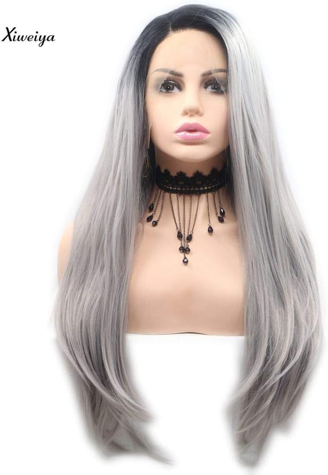 Xiweiya Ombre Grey Wigs Long Silky Straight Hair Short Dark Roots Synthetic Lace Front Wigs For Women Heat Resistant Fiber Long Hair Middle Parting For Women Hair - Image 3
