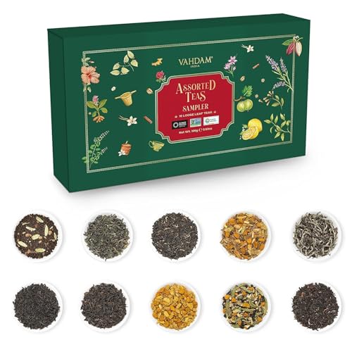 VAHDAM Top 10 Favourites Tea Sampler Set | Loose Leaf Tea (50+ Cups) | Tea Variety Pack with Green, Herbal, Black & Chai Brew | Vacuum Sealed For Freshness | Brew Hot & Cold