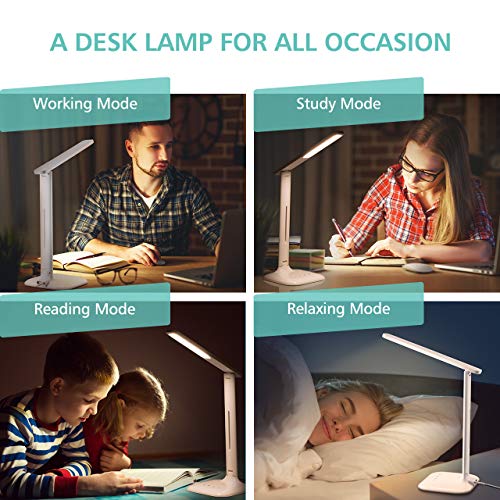 LED Desk Lamp, Eye-caring Table Lamp, Desk Light with 5 Brightness Levels and 5 Color Mode，USB Charging Port, Sensitive Control, 10W Power for Reading, Working, Painting, Sleeping in Home, Office