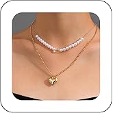 Andelaisi Boho Layered Heart Choker Necklace Vintage Pearl Crystal Necklace Gold Puffy Heart Pendant Necklace Love Heart Pearl Chain Necklace Jewelry for Women