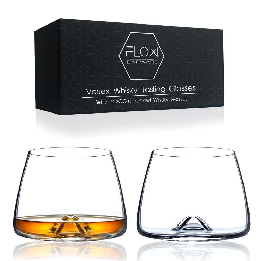 FLOW Barware Vortex Whiskey Tasting Glass Set of 2 Handblown Snifter Whisky Glasses | Unique Swirl Design Whisky Nosing Glass for Scotch, Bourbon, Rum or Brandy