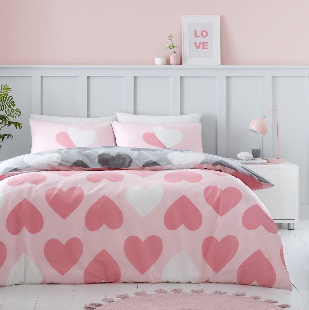GC GAVENO CAVAILIA Single Duvet Cover Sets (150x200 cm) | Reversible Bedding & Linen | Polycotton Single Bedding Sets | Hearts Quilt Cover | Pink/Charcoal