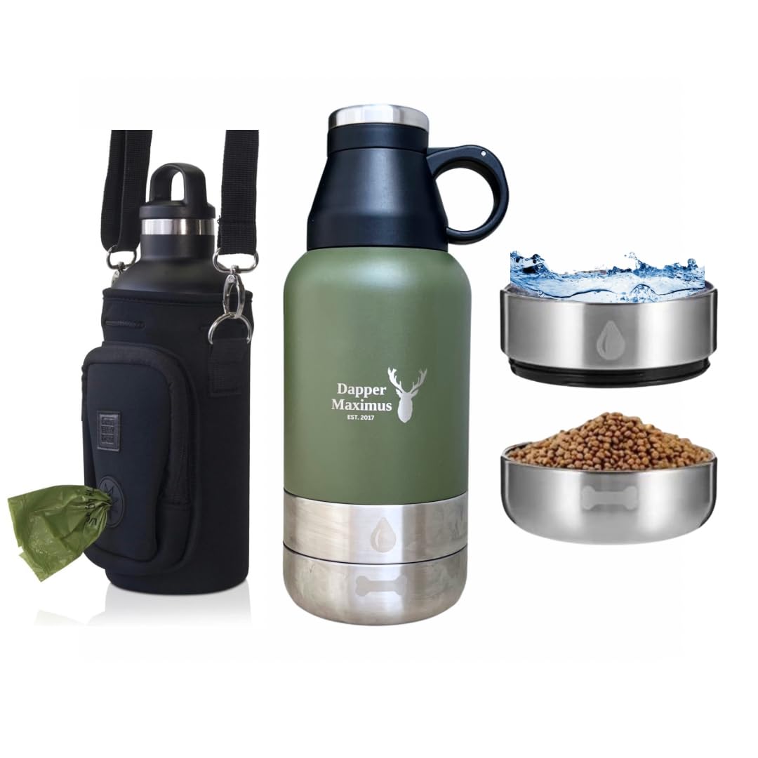 Stainless Steel Outdoor Portable Dog Water Bottle and Insulated Flask with Detachable Bowls, Multifunctional lid and Bottle Bag Holder with Built-in Poo Bag Dispenser - 32oz/910ml