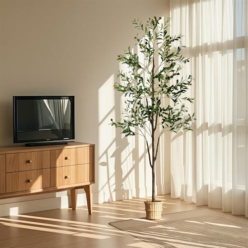 Olive Tree, 6FT Tall Faux Olive Tree with Moss and Planter, Olive Trees Artificial Indoor with Realistic Wood Trunk and Lifelike Fruits, Olive Fake Tree for Home Office Living Room Decor