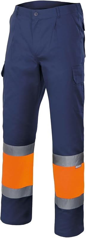 156; Pantalón de Alta Visibilidad bicolor forrado multibolsillos; color Azul Marino y Naranja Flúor; Talla 3XL