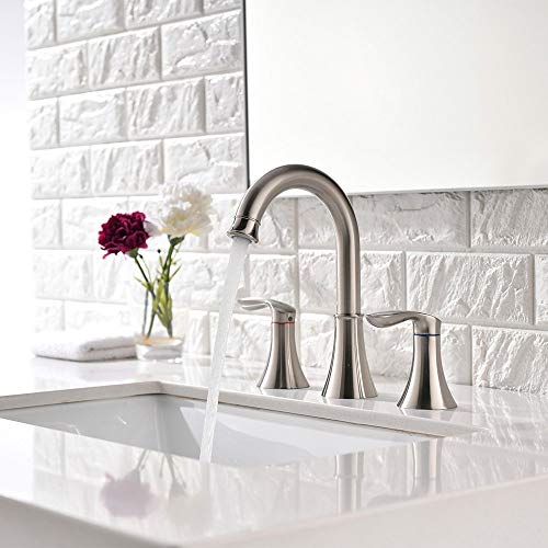 Friho Lead-Free Commercial Two Handle Three-Hole Brushed Nickel Widespread Bathroom Faucet,Bathroom Vanity Sink Faucets with Drain Stopper and Water Hoses - Thumbnail 3