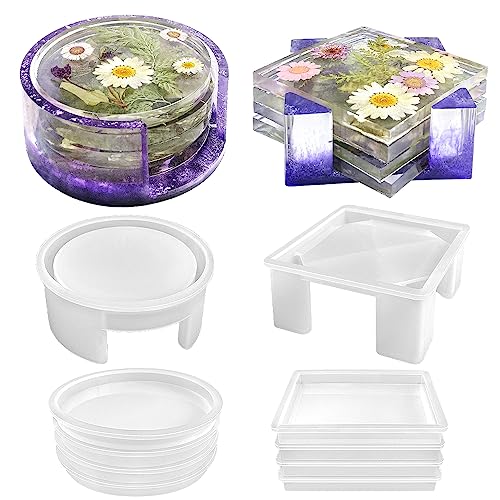 RESINWORLD Resin Coaster Molds Set, Upgrade 10 pcs Silicone Coaster Molds Kit Storage Box Mold for Resin Casting, Square Round Coaster Epoxy Molds