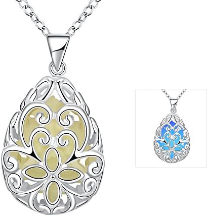 Dark Blue Luminous Series Of Water Droplets-Shaped Engraving Luminous Necklace Sterling Silver Heart Charm Pendant Necklace 46cm (Dark blue)
