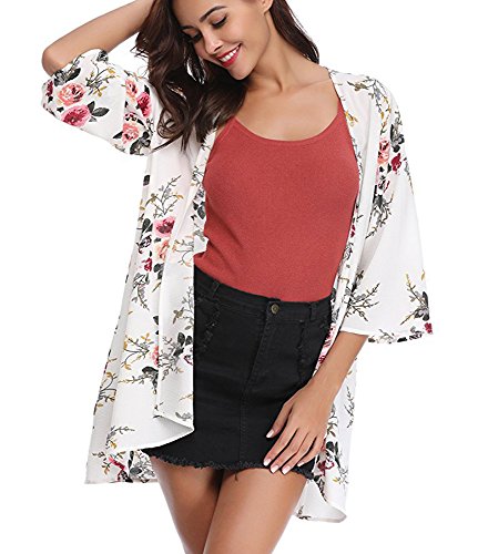PopStore Women's Floral Print Sheer Kimono Cardigan Capes Chiffon 3/4 Sleeve Patchwork Casual Cover up Blouse Tops - Thumbnail 2