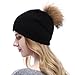 Women Knit Wool Beanie - Winter Fashion Solid Wool Hats Real Removable Raccoon Fur Pom Pom Warm Ski Beanie (Black),One Size