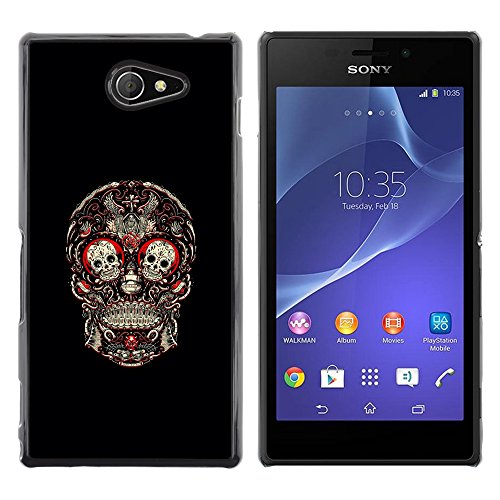 A-type Colorful Printed Hard Protective Back Case Cover Shell Skin for Sony Xperia M2 / Xperia M2 Aqua / Sony Xperia M2 Dual( Skull Red Blood Rose Floral Black )