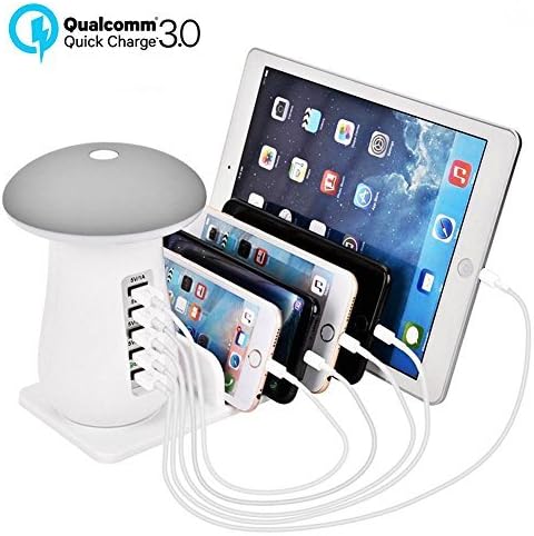 Popwinds USB Charging Station Mushroom LED Night Light 55W 6-Port USB Multi Device Charging Dock Desktop Charging Stand Organizer for iPhone, iPad, Tablet and More - White
