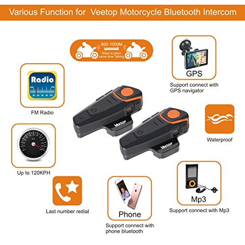 Bluetooth Motorcycle Helmet Headset Intercom, Veetop 1000M Water Resistant 2 or 3 Riders Bluetooth Motorcycle Motorbike Communication System for GPS/Walkie-Talkie, Hands Free & FM Radioï¼ˆ2 Packï¼‰