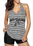 Dearlove Womens Halter V Neck Striped Tankini Swimsuit Set with Boyshort