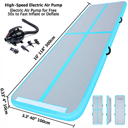 10ft Air Track Floor Tumbling Gym Mat | Airtrack Fitness Flooring Mat | Inflatable Gymnastics Mat | Landing Mat | Exercise Mat | Yoga Martial Arts Mat for Home Outdoor Training Use w/Electric Air Pump