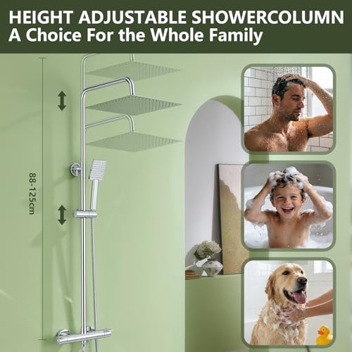DelnVior Thermostatic Shower System Stainless Steel 12" Square Rain Shower Head Hand Shower Single Spray Mode Shower Faucet Complete Set Height Adjustable with Anti-Scald Protection Water Saving