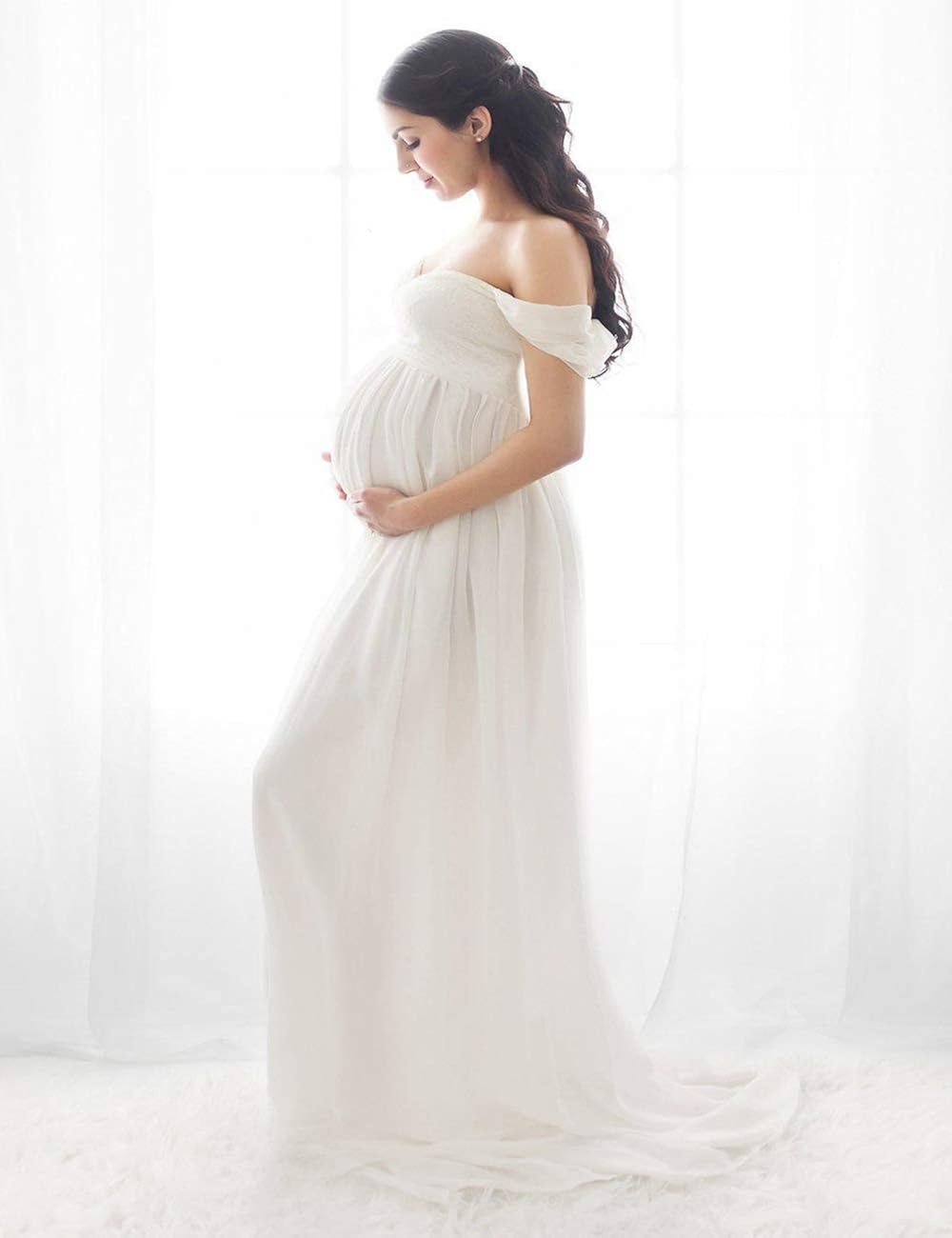 JustVH Maternity Dress for Photography Off Shoulder Chiffon Gown Split Front Maxi Pregnancy Dresses for Photoshoot at  Women’s Clothing store