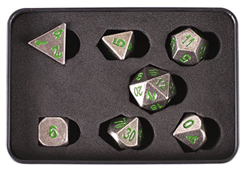 Forged Dice Co. Metal Dice Compatible with RPG games like Dungeons and Dragons, DnD, and Pathfinder (Iron Moss w/ Green Numbers Set of 7 Polyhedral w/ Tin, Set of 7 Polyhedral w/ Tin) - Thumbnail 5