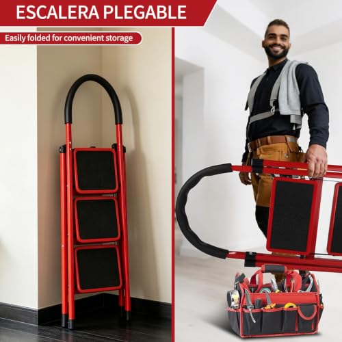 Escalera Plegable para Casa,Escalera Plegable de 3 Peldaños,Diseño de Cierre de Seguridad,Patas y Pasamanos Antideslizantes,Escalera Plegable de Peldaños,para Hogar,Garaje,Interior y Exterior-Rojo