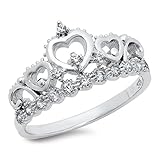 925 Sterling Silver Cubic Zirconia Princess Heart Crown Tiara CZ Band Ring