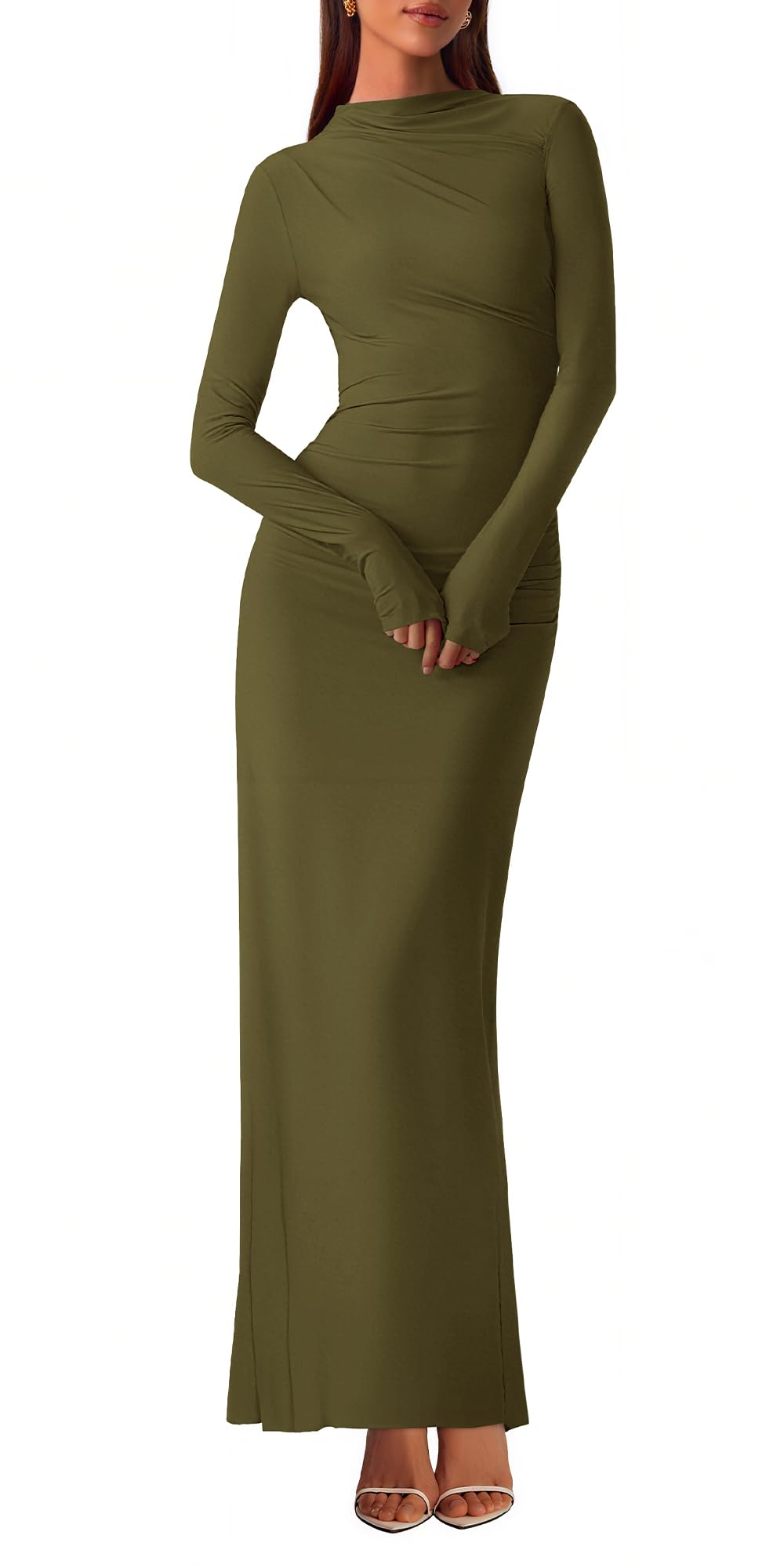 Photo 1 of BTFBM Women Bodycon Maxi Dress Fall 2025 Long Sleeve Ruched Elegant Party Cocktail Formal Wedding Guest Dresses(Army Green,Medium)