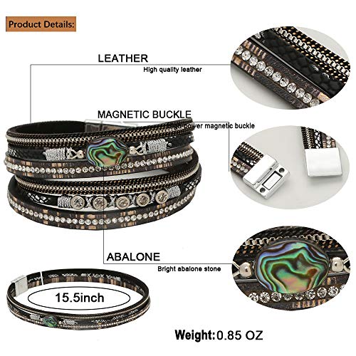 Abalone Leather Boho Wrap Stacking Bracelets,Cuff Bohemian Wrap Multilayer Wide Crystal Metal Around Gold Wrist Magnetic Clasp Buckle Casual Bangle Bracelets for Teen Girls Women Boy Gift(C-Abalon) - Thumbnail 3