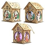 JuguHoovi 3 Pack Christmas Tree Hanging Ornaments, LED Light Wooden Hanging Ornaments for Christmas Holiday, Cute Wood House Christmas Tree Hanging Ornament Decoration