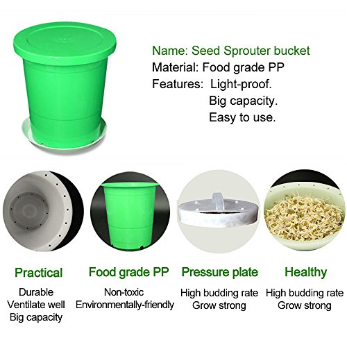 Seed Sprouter Pot,Big Capacity 8.27"x8.27"x8.4"Green Health Bean Sprouting Device 5 in 1:Inner+Outer bucket,Pressure plate,Lid,Tray and Counting Cup