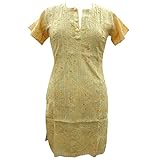 Womens Bohemian Tunic Yellow Hand Embroidered Cotton Hippie Kurti Dress S...