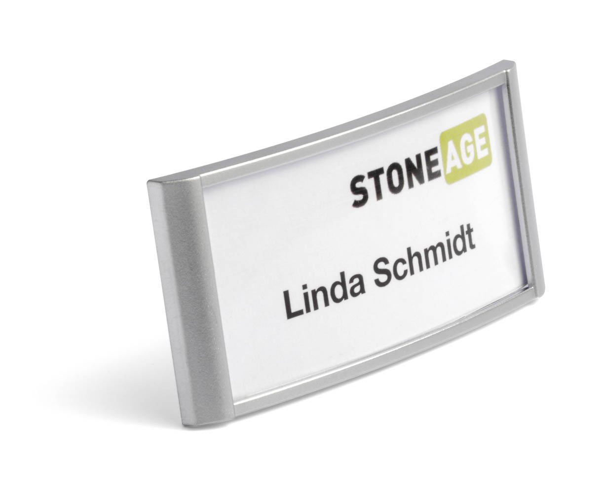 Durable Name Badge Classic 34 x 74mm with Combi Clip - Simple Design with Easy To Read Name Tag - Aluminium Look Finish - Pack of 10