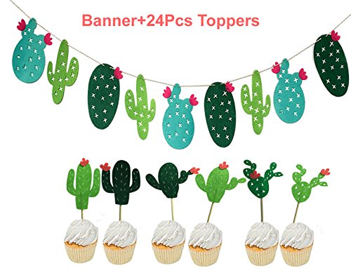 Green Cactus Party Supplies Banner Luau Party Hawaiian Tropical Leaves Decoration Banner+24pcs Cake Topper