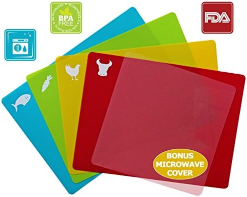 Non-Slip Flexible Plastic Cutting Boards w/ Bonus Microwave Cover. Large Size Premium Professional. 5 Piece Set Super Grip Cutting Mat. Use as DIY Craft Mats or Placemats.