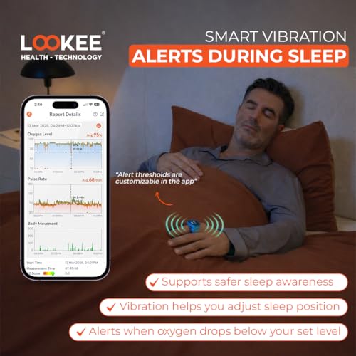 LOOKEE Ring Sleep Oxygen Monitor with Vibration Reminder for Low O2 | Continuous Ring Pulse Oximeter Overnight Tracks Blood Oxygen Level and Heart Rate | Free Mobile App Report