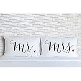 Rubies & Ribbons Mr and Mrs Embroidered Pillowcases for Couples - His and Hers Wedding, Bridal Shower, Anniversary Gift for Husband and Wife, Set of 2 Pillow Covers