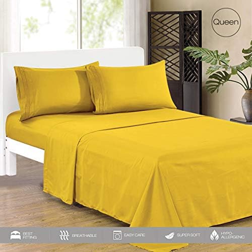 KING HOME Smooth 1800 Soft Bed Sheet Set with One Flat Sheet, One Fitted Sheet, Two Pillowcase for Double Bed, Soft Microfiber, Wrinkle Resistant, Queen, Gold