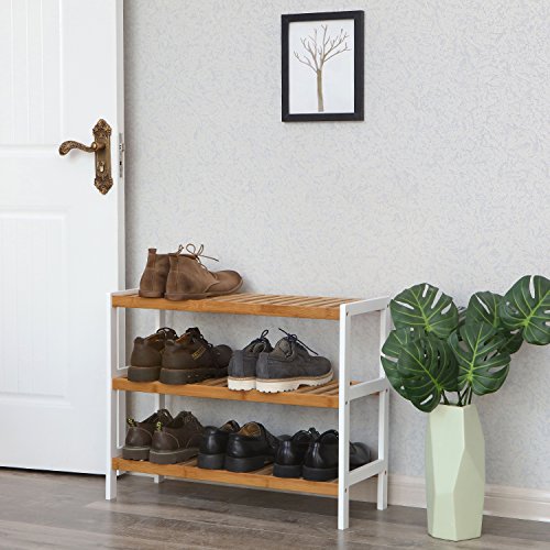 SONGMICS Bamboo Shoe Rack with 3-Level Bathroom Shelving Unit W x H x D: Shoe Cabinet for 12 Pairs 70 x 55 x 26 cm Shoe Rack