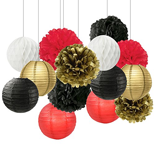 Black White Red Gold Tissue Paper Pom Pom Paper Flower Ball Decoration Paper Lantern Tissue Ball Paper Decoration for Baby Shower Nursery Decor Ladybug Decoration Birthday Party Decoration