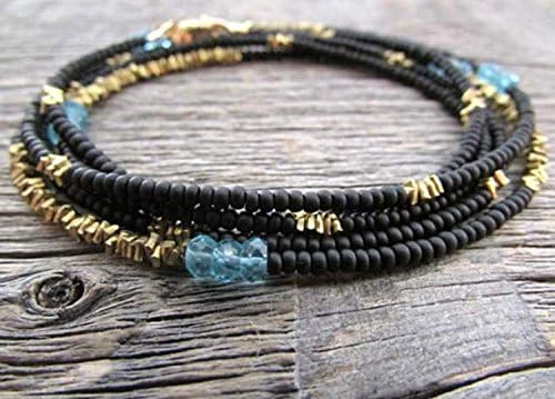Earthwatersol Black Onyx Blue Apatite Hill Tribe Brass Seed Bead Vegan Bohemian Boho Wrap Bracelet
