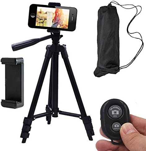 Conzy Aluminum Phone Tripod,Travel Portable Adjustable iPhone Tripod Mount for Camera/Android Phone/Gopros - Wireless Bluetooth Remote Control Monopod with feet and Carrying Bag (Black)
