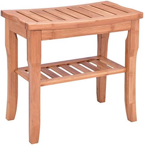 Bamboo Shower Seat Bench Bathroom Spa Bath Organizer Stool with Storage Shelf