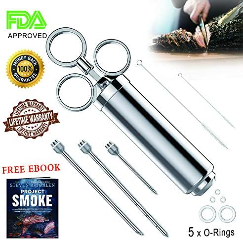 Injection Marinade Kit Meat Injection Syringe Food BBQ Flavor 2-oz For Turkey Seasoning Grill Cooking Stainless Steel With 3 Injection Needles 2 Cleaning Brushes 5 Silicone O-rings Recipe E-Book