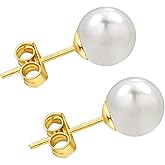 HAINBAG Freshwater Pearl Stud Earrings for Women, Hypoallergenic Earrings Studs with Genuine Round White Pearls